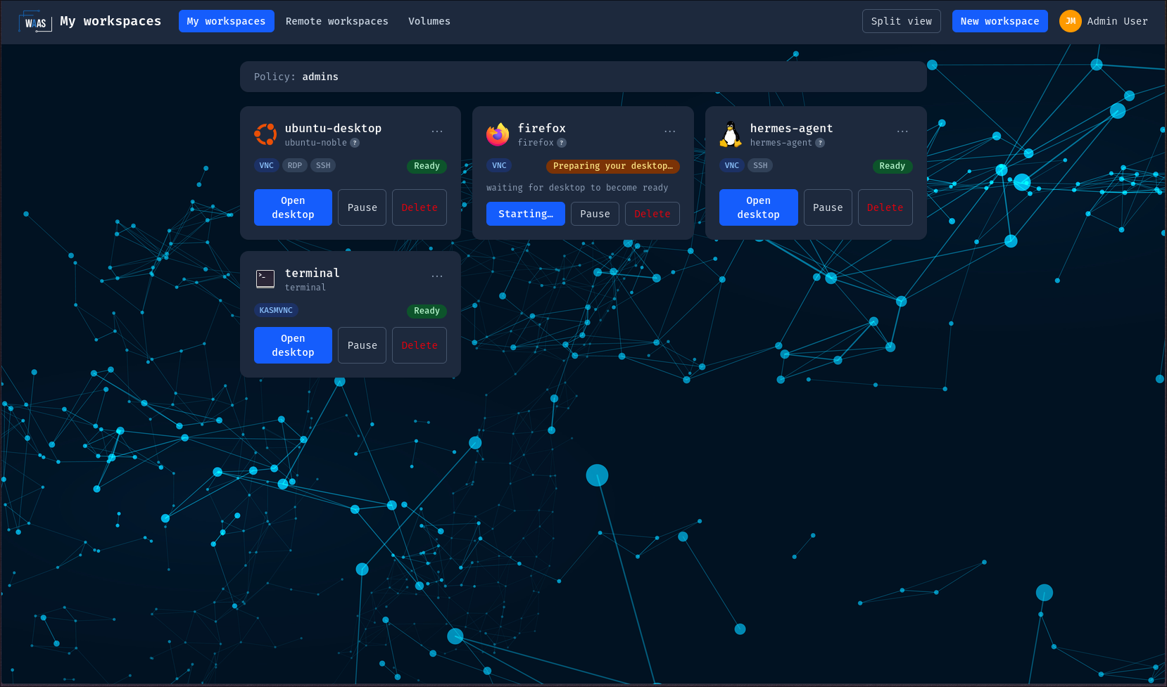 Placeholder — WaaS portal listing a user's workspaces
